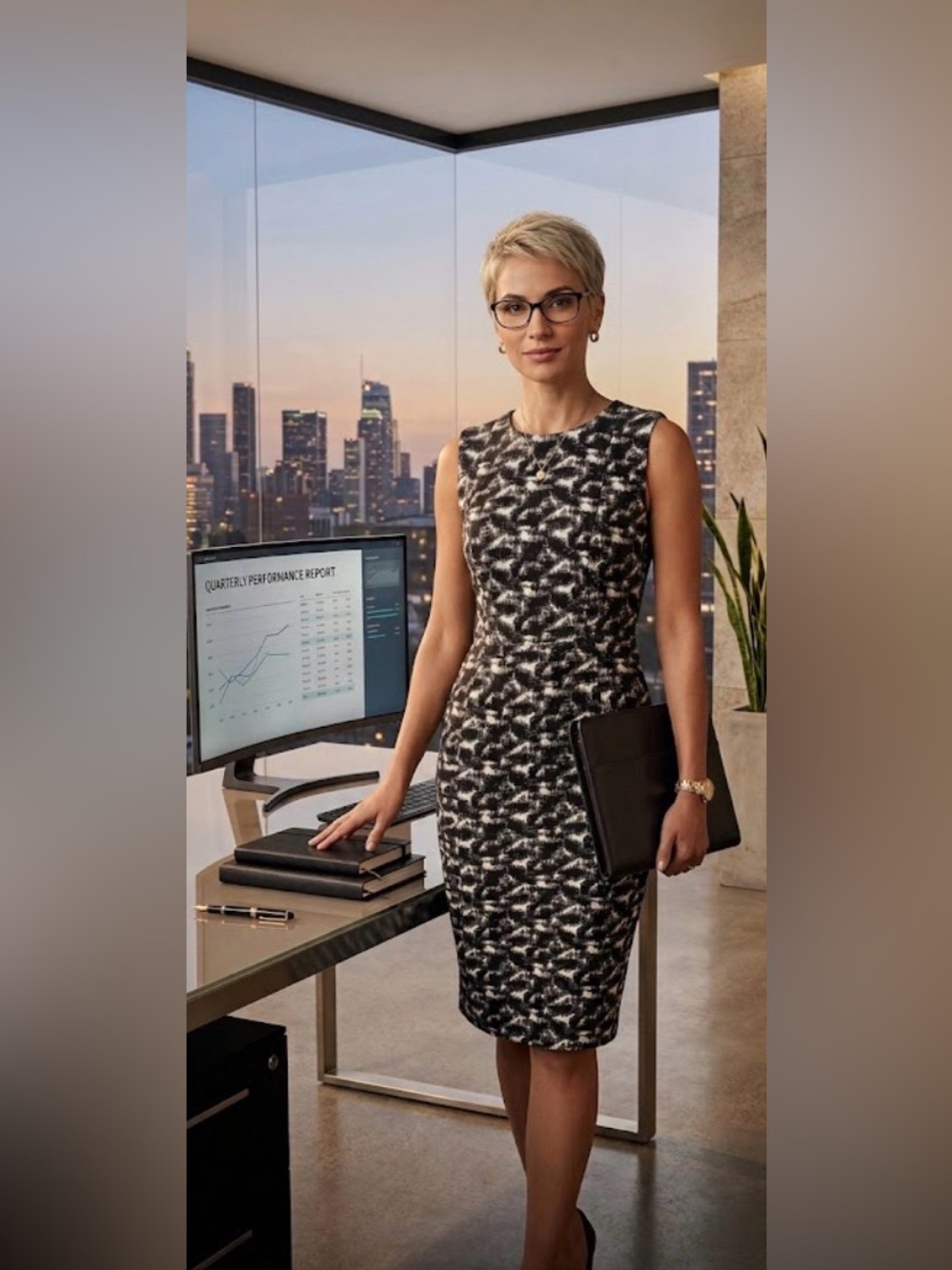 Calvin Klein Black and White Patterned Midi Sheath Dress